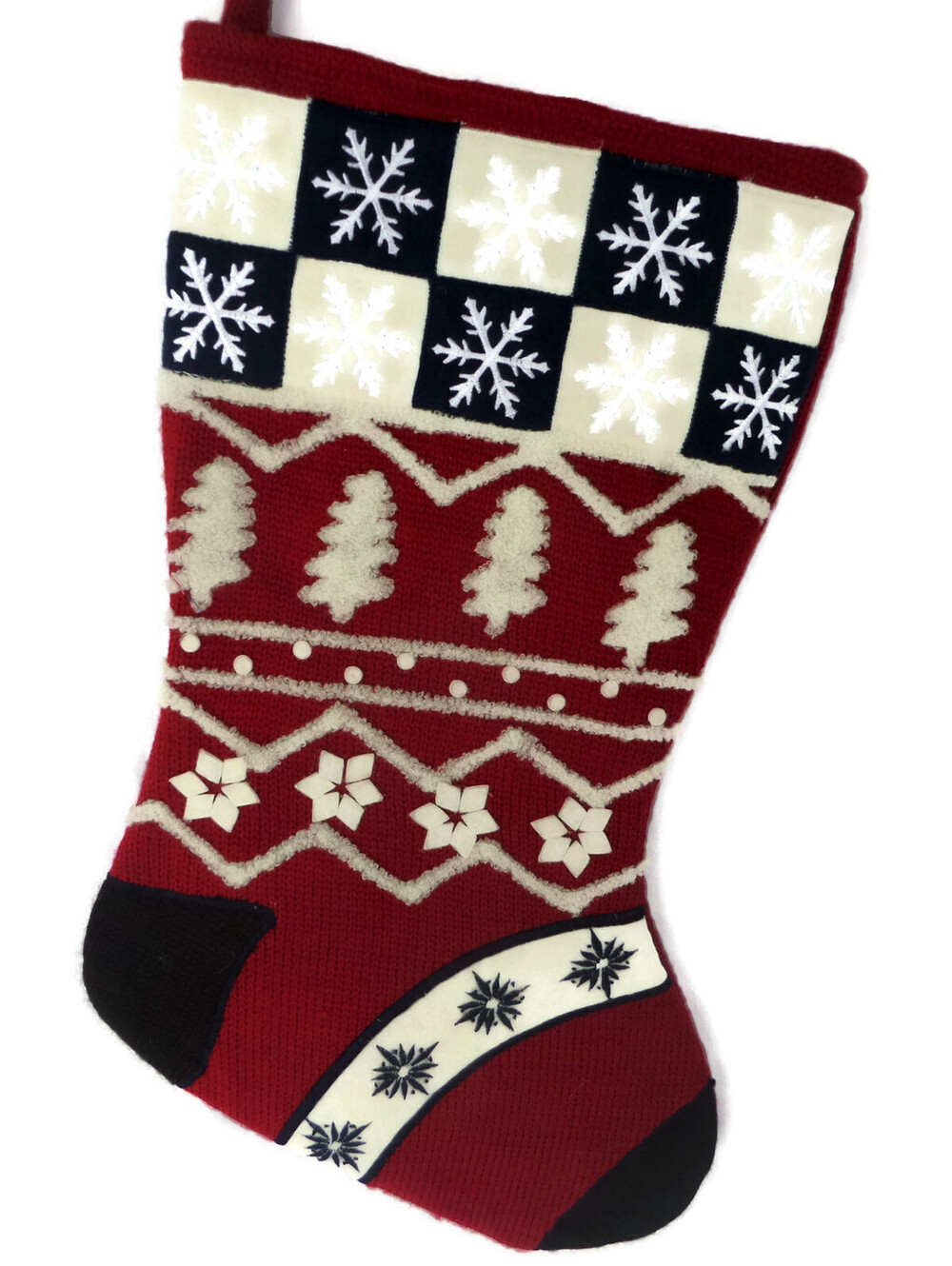 Christmas Thick Sweater Fabric Stocking Red and Navy Snowflakes Trees 16 Inch